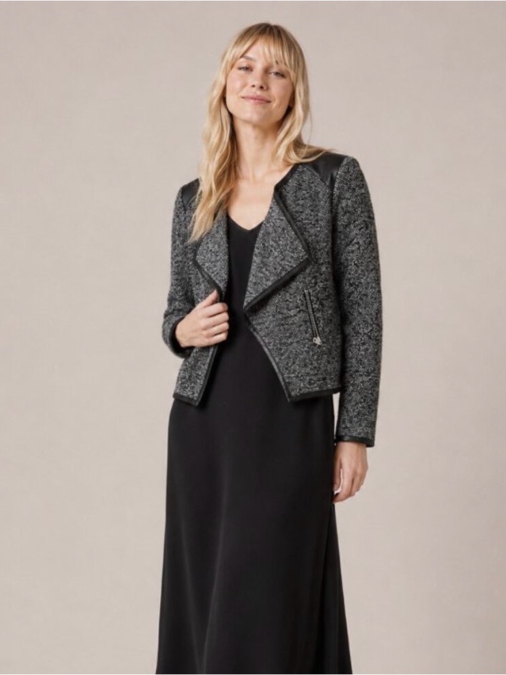 a.n.a Black & Gray Open-Front Knit Cardigan with Faux-Leather Trim